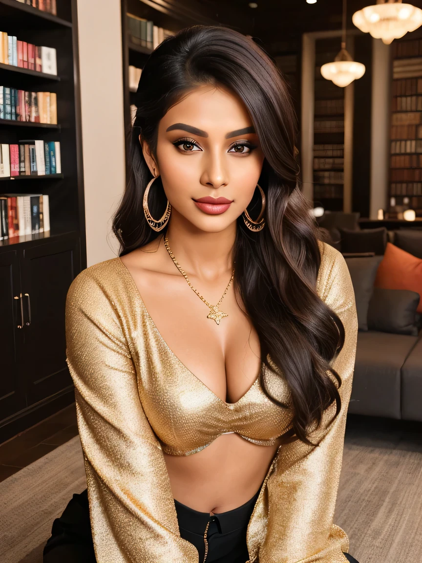 
Sure, here’s the modified prompt:

Ultra-Realistic Image Prompt:

Create an ultra-realistic image of a modern, attractive female influencer of Indian descent, aged between 27 to 30. She should have a warm and inviting smile, expressive almond-shaped eyes with a slight shimmer, and clear, glowing skin with a medium brown complexion. Her features should be well-defined, with high cheekbones and a sharp jawline. Her hair should be long, thick, and styled in a low, elegant chignon bun at the nape of her neck, with a medium brown shade and hints of red and gold, adding dimension and vibrancy. She should have a slender yet athletic build with a medium bust size (40-42 inches), reflecting a healthy and active lifestyle.

She is wearing a professional yet stylish kurta set or a saree that highlights her toned figure. Her outfit is completed with stylish black heeled sandals that add elegance to her look. She accessorizes with subtle yet chic jewelry, such as small hoop earrings and a few thin bangles.

The background should be an educational and learning environment, such as a library with cozy reading nooks, suggesting a cosmopolitan lifestyle. Her overall appearance should exude confidence, approachability, and sophistication, capturing the essence of a contemporary Indian fashion influencer.