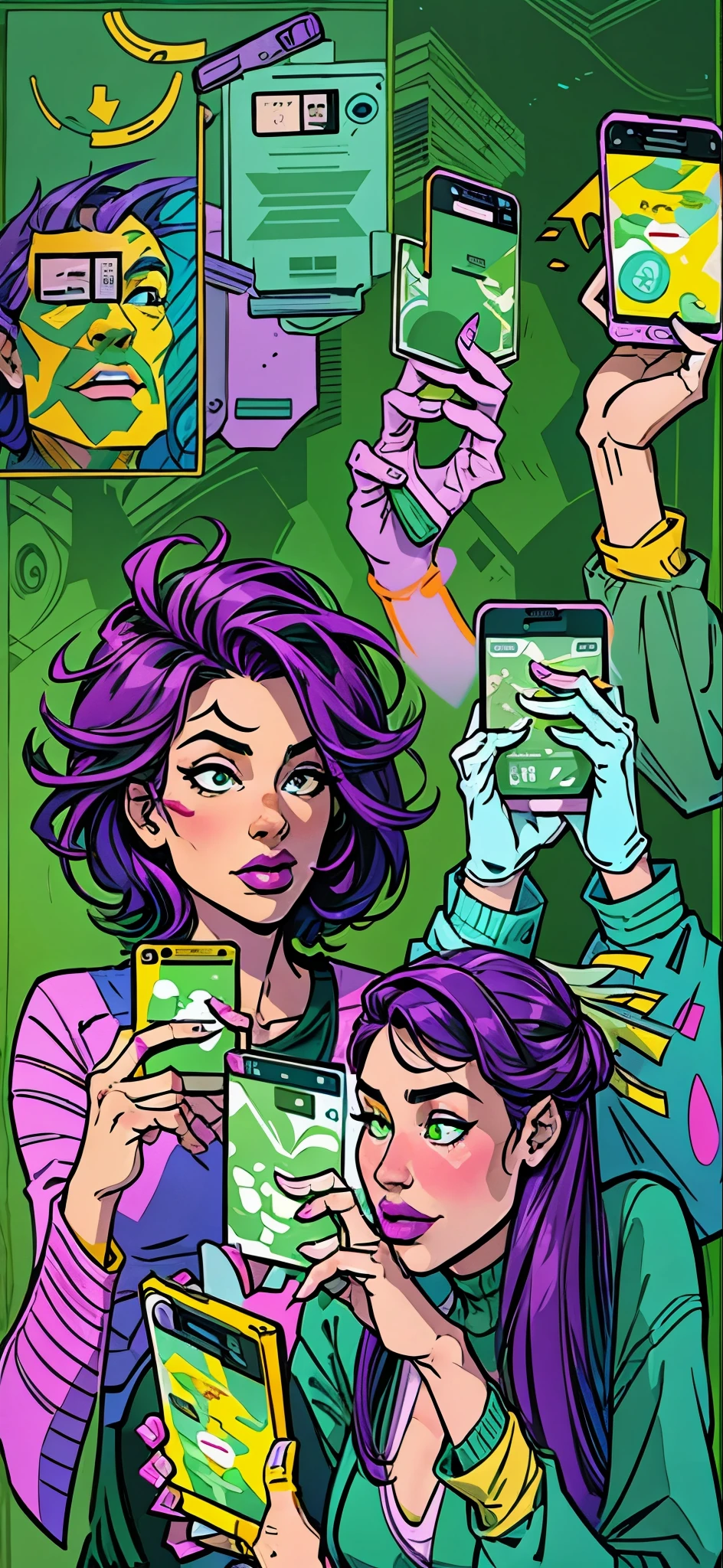 Create an eye-catching and creative thumbnail image featuring several individuals ignoring their smartphones. Each person should be dressed in distinct, vibrant colors (such as purple, green, yellow, and blue) to highlight their unique personalities. They should all be holding their phones with unread messages visible, but their attention should be focused on other activities like reading, engaging in conversation, or enjoying nature. The setting can be a whimsical, colorful background that emphasizes their disinterest in the digital world, making the image visually striking and engaging.