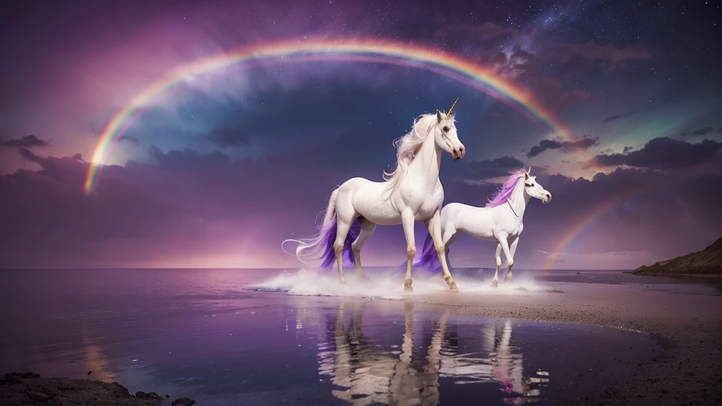 Draw two white horses with wings in purple sky, unicorns, With wings)ethereal rainbows, Rainbow reflections, Rainbow reflections, Rainbow reflections, pegasus, In a mysterious scene, unicorn, Magical and mysterious, heaven on earth, author:Caroline Chariot-Dayez, Cindy Wright, glitters. fantasy, beautiful dreamy breathtaking, Ethereal aurora spirit, beautiful fantasy, magic fantasy highly detailed
