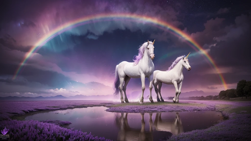 Draw two white horses with wings in purple sky, unicorns, With wings)ethereal rainbows, Rainbow reflections, Rainbow reflections, Rainbow reflections, pegasus, In a mysterious scene, unicorn, Magical and mysterious, heaven on earth, author：Caroline Chariot-Dayez, Cindy Wright, glitters. fantasy, beautiful dreamy breathtaking, Ethereal aurora spirit, beautiful fantasy, magic fantasy highly detailed