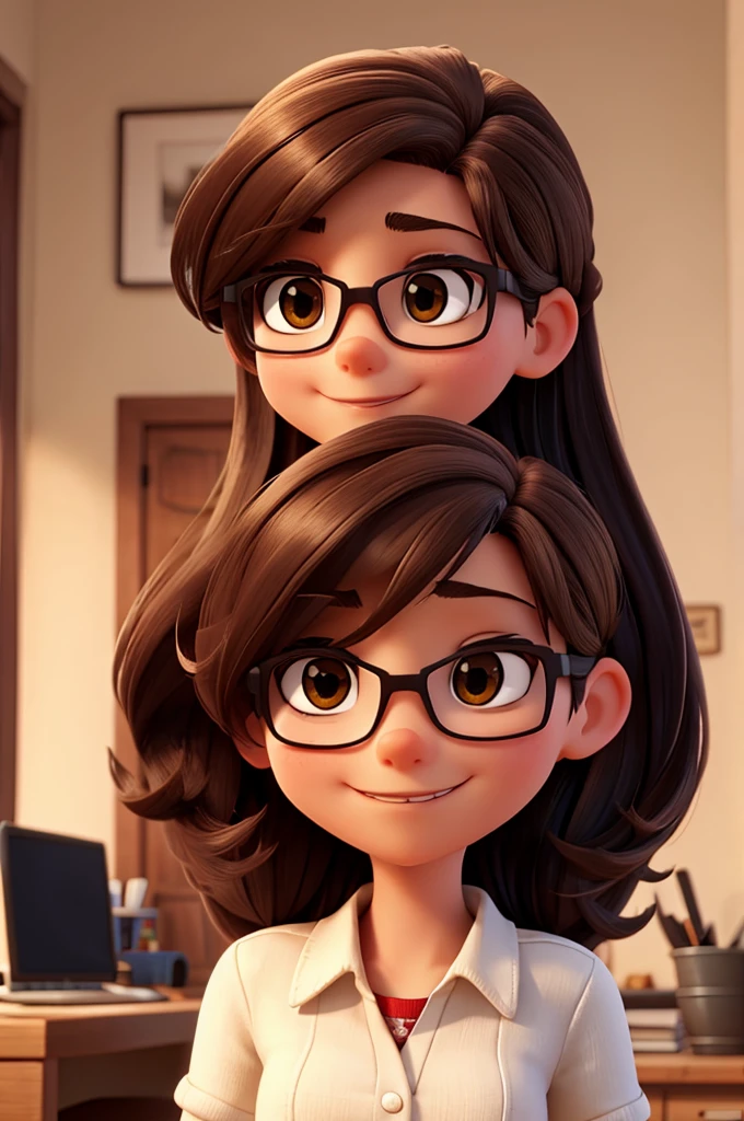 Create a woman, 8, User experience analyorking on a front end development project, dark brown eyes, rectangular glasses, long straight hair, dark brown hair, hair with golden highlights, hair parted on the left side, a little thin, not Disney Pixar style