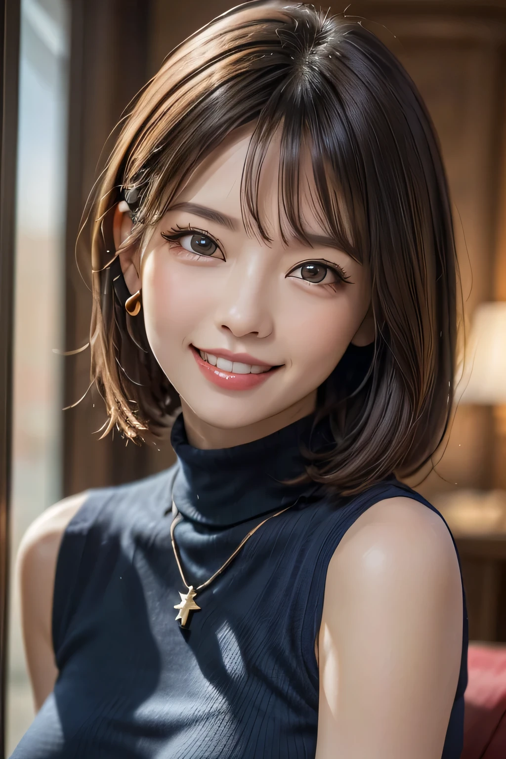 ((One ultimate beauty)), mature, Beautiful Face, Detailed lips, Beautiful eyes in every detail, double eyelid, Long eyelashes、(Huge breasts:1.3), (curve 1.3), Grin, Lips parted, ((Beautiful teeth alignment)), blush, Captivating Gaze、Captivating smile, Very short brunette bob、Lots of eyelashes、Elegant eyeshadow、Round Breasts，Breast augmentation、Seductive makeup、Seductive gestures、Captivating look、White skin、Shiny skin、high quality、High resolution、(Written boundary depth)、(chromatic aberration)、necklace、耳Nipple Ring、bracelet、((red and black cocktail dress with delicate embellishments))、Chic sofa、Poses that accentuate cleavage、RAW Photos、Realistic、(masterpiece)、Realistic、Masseter region, 最high quality，Hyper Detail，(Detailed eyes and face） charm:Natural Makeup，View your viewers, alone, Mature female, ((Cowboy Shot))