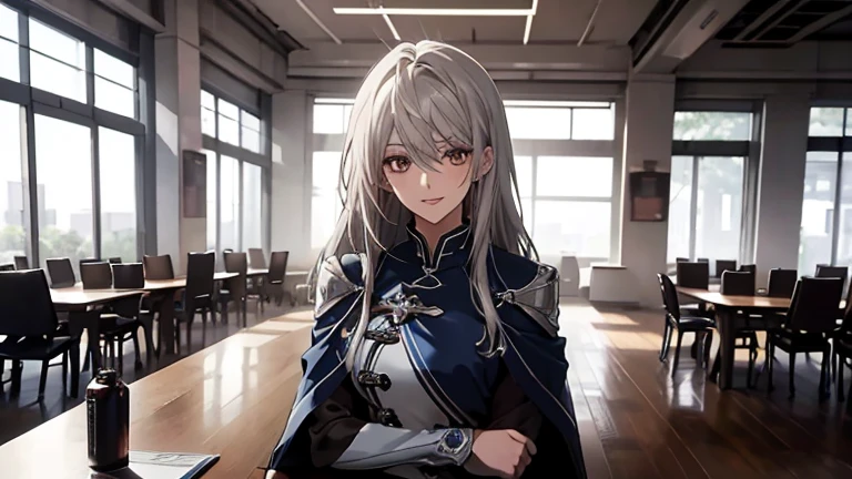 (Confused, High resolution, Very detailed), 1 female, Silver Hair,Long Hair,Reddish brown eyes,Blue and black pilot suit,24th generation,beauty,mature,thin,quiet,Calm,Sit on a conference room table,Busy,seems to be happy,White long cloak,