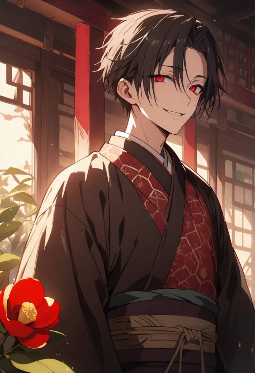 ((Red eyes))、引きつけるRed Eyes、smile、Crimson Eyes、Beautiful man、1 person、neutral、Black Hair、(Red Eyes)、Kimono with camellia pattern、smile、The nape is a little long、Serene atmosphere、beautiful、Are standing、ephemeral、Angle from the front、 High resolution, Super detailed、Male、Rakugo artist