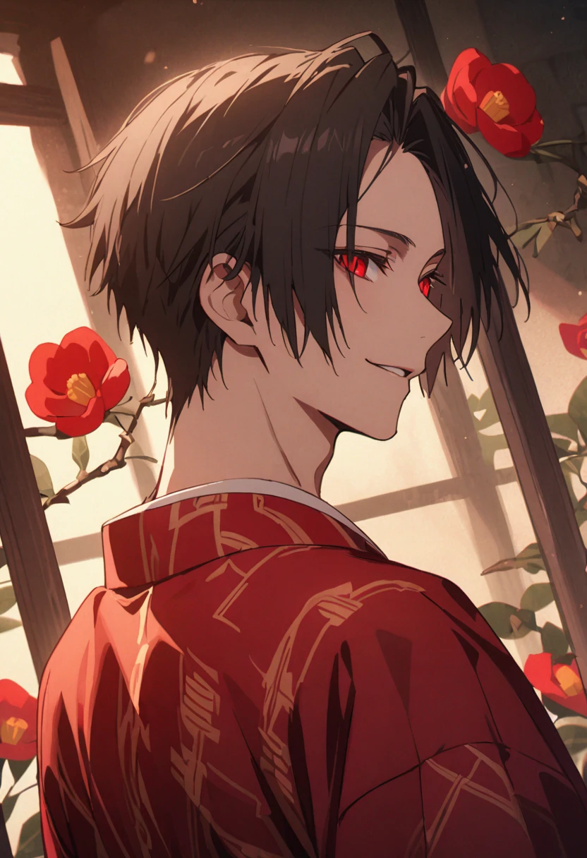 ((Red eyes))、引きつけるRed Eyes、smile、Crimson Eyes、Beautiful man、1 person、neutral、Black Hair、(Red Eyes)、Kimono with camellia pattern、smile、The nape is a little long、Serene atmosphere、beautiful、Are standing、ephemeral、Angle from the front、 High resolution, Super detailed、Male、Rakugo artist