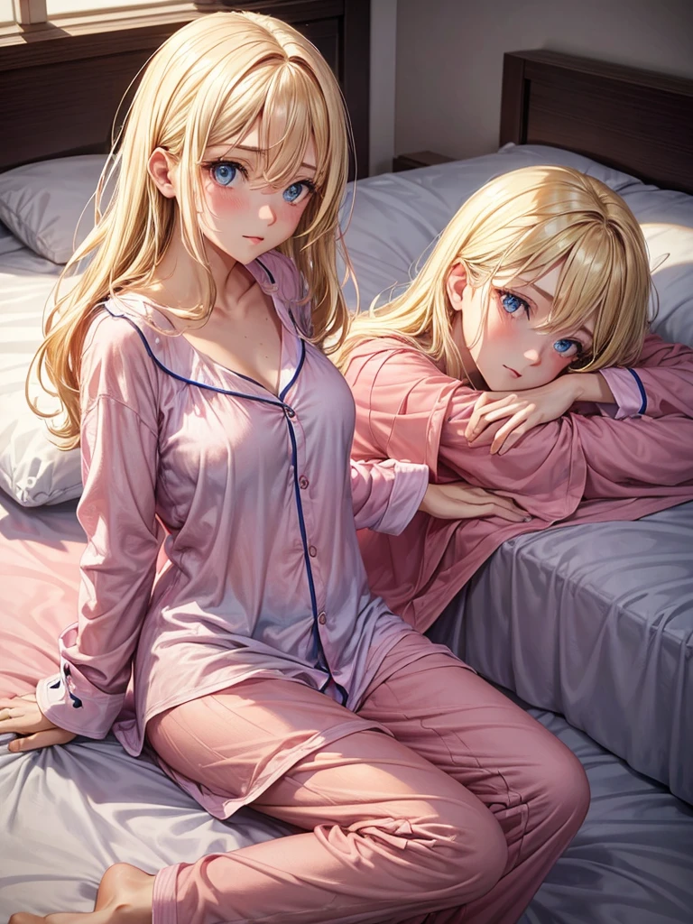 an adult woman, Blonde, loose hair, blue eyes, with pink pajamas, waking up on a rainy day in his room