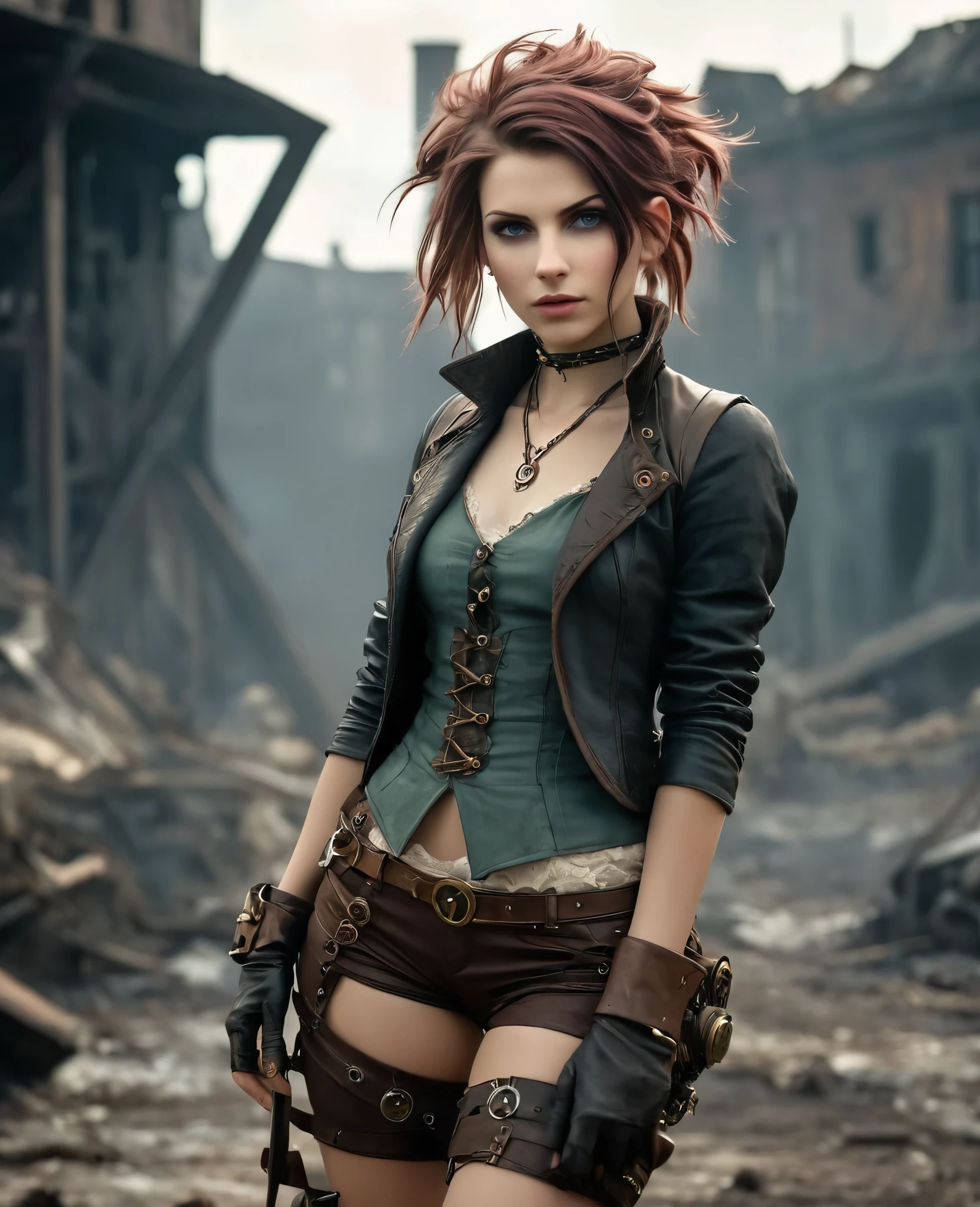 (((high resolution))), (((extremely detailed))), ((masterpiece)), dramatic shadows, depth of field, analog photo style, (world in which are collide steampunk and postapocalyptic vibes), postapocalyptic cute female in steampunk torn dirty clothes, looks like Aerith Gainsborough, depth of field, full body shot, unzoomed, (perfect body: 1.4), (sidecut short hairstyle), (stalking is quite common, although not the best way to make a living), looks interested, stylized atmosphere of unreality, dark aesthetic, dynamic pose, in motion, Armageddon, increase cinematic lighting, highly lifelike skin texture, parted lips, weary eyes, fine eyes, whitened skin, random hair colour, doomsday aura,