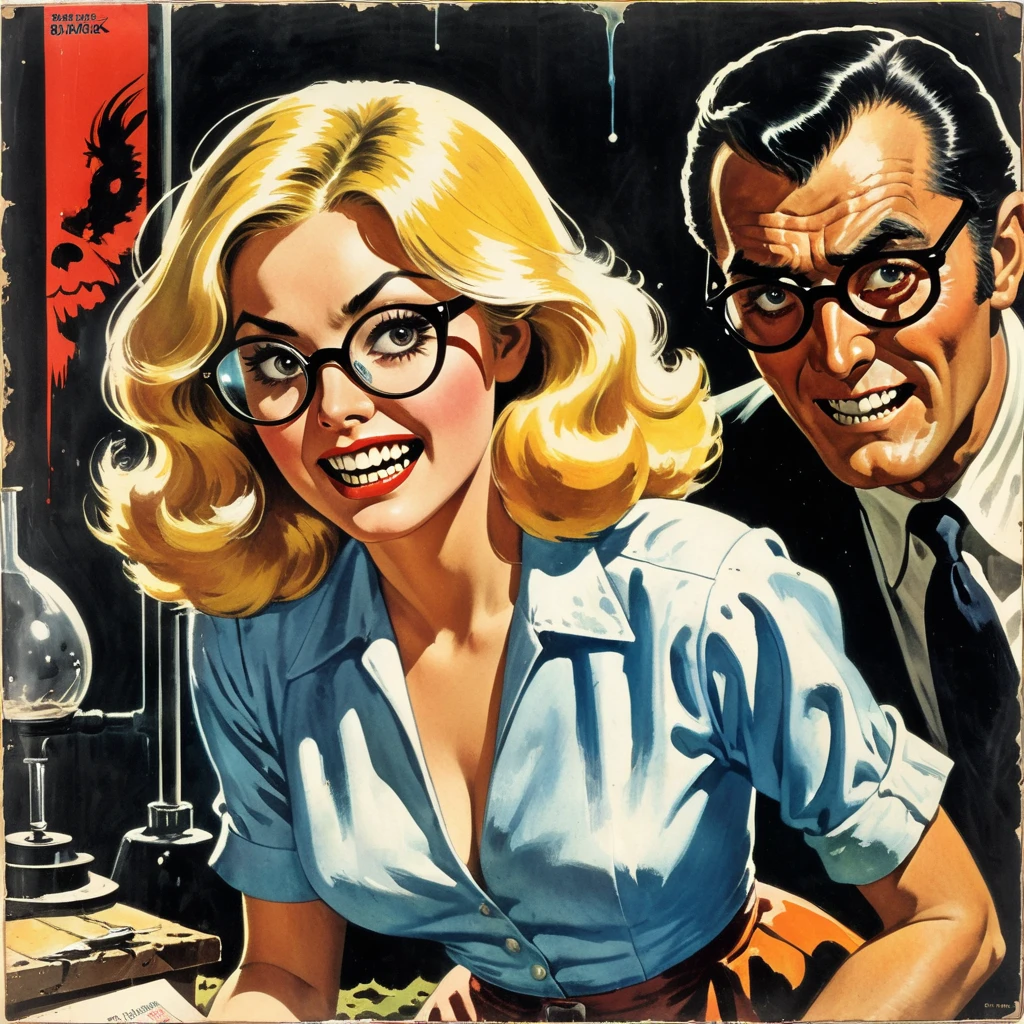((evil Japanese scientist, round glasses, experimenting on frightened blonde girl, blood, human body parts, mutated guinea pigs)), exotic, mysterious, vintage exploitation poster, magazine illustration, paper ripped and worn, stained, classic Crime and Horror, Gothic, Euro-Sleaze, Italian cinema, French horror film, Jean Rollin, Jess Franco, Quentin Tarantino, exploitation aesthetic, 50s, 60s, 70s, murder, suspense, lurid vivid colors, by Brian Bolland, by Basil Gogos, by Frazetta, by Mike Ploog, oil paint, dramatic, bold, ((ADD TEXT, FONTS: BRAIN DEAD LOVE))