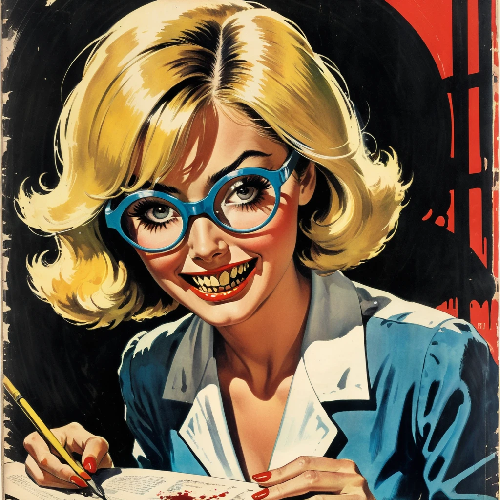 ((evil Japanese scientist, round glasses, experimenting on frightened blonde girl, blood, human body parts, mutated guinea pigs)), exotic, mysterious, vintage exploitation poster, magazine illustration, paper ripped and worn, stained, classic Crime and Horror, Gothic, Euro-Sleaze, Italian cinema, French horror film, Jean Rollinf, Jess Franco, Quentin Tarantino, exploitation aesthetic, 50s, 60s, 70s, murder, suspense, lurid vivid colors, by Brian Bolland, by Basil Gogos, by Frazetta, by Mike Ploog, oil paint, dramatic, bold, ((ADD TEXT, FONTS: BRAIN DEAD LOVE))