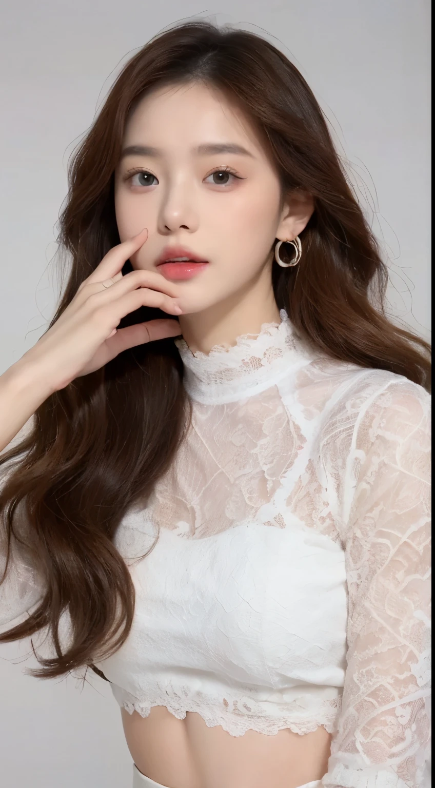 ((top quality、8K、masterpiece:1.3))ultra high definition、Real Skin、marble background、full body shot、1 girl、Beautiful woman with slim abs:1.3、(long curly hair、huge breasts:1.2)、sexy look、big eyes、long sleeve white lace high neck shirt:1.1、overly detailed face、eye for detail、Put your double eyelid hands on your face、Korean beauties、white lace skirt、piercing、beautiful long legs、high heel、walking