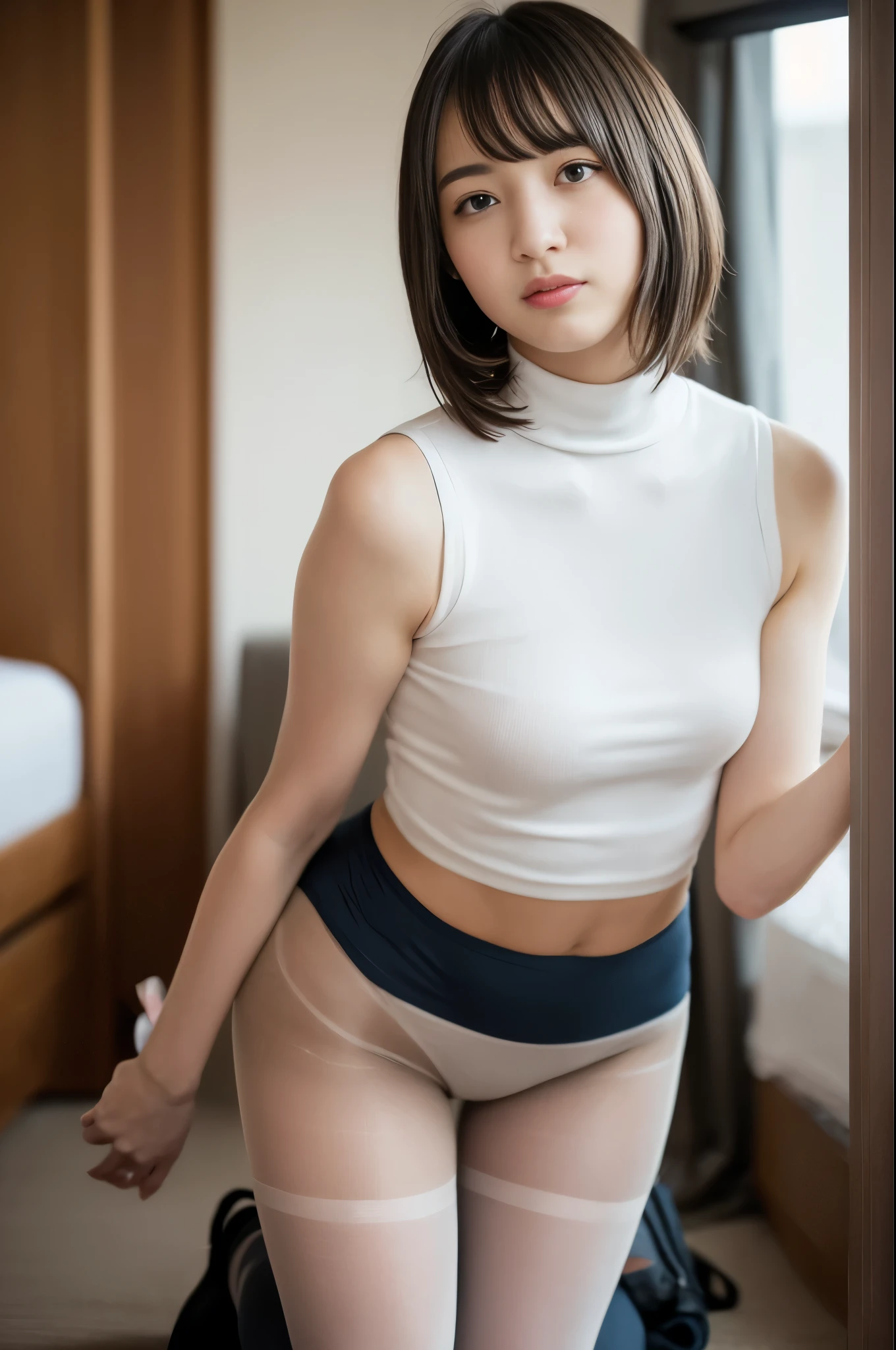 Hotel Bedroom、turtleneck、((short hair))、Japanese high school students、18-year-old female, RAW shooting, (realism: 1.8, Realistic), High resolution、One Girl, Looking into the camera, (High Quality Skins: 1.8, Shiny skin)), 8K、Soft lighting、Stand in front, Japanese women, From the ankles to the whole body,  A shot looking up from the feet,height: 160cm, Weight 50kg、(((Wearing pantyhose)))、Charm、(((Captivating look:1.8)))、(((Kneel:1.5)))