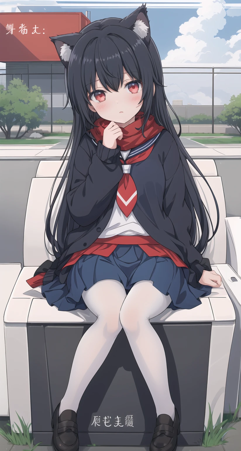 ((masterpiece, best quality)),A girl, Solitary, skirt, sky空, sit, Pantyhose, 六翼sky使, cloud,Black gloves, outdoor, scarf ,sky, Bangs, Fence, shirt, Ahog, roof, Long hair, white Pantyhose, Black Hair, , white Sailor collar, Red Eyes, Sailor collar, blue skirt, red scarf, blue 六翼sky使, Animal ears, blue sky空, Long sleeve, blue shirt, Looking at the audience, Shut up,Cat ears, chain-link Fence, pleated skirt, cloudy sky空, Garbage container