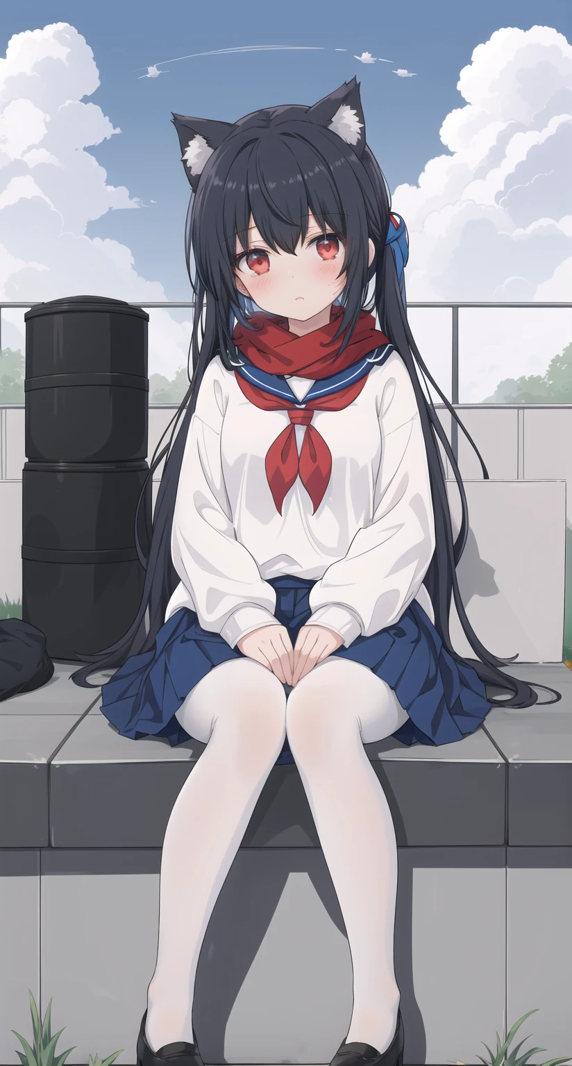 ((masterpiece, best quality)),A girl, Solitary, skirt, sky空, sit, Pantyhose, 六翼sky使, cloud,Black gloves, outdoor, scarf ,sky, Bangs, Fence, shirt, Ahog, roof, Long hair, white Pantyhose, Black Hair, , white Sailor collar, Red Eyes, Sailor collar, blue skirt, red scarf, blue 六翼sky使, Animal ears, blue sky空, Long sleeve, blue shirt, Looking at the audience, Shut up,Cat ears, chain-link Fence, pleated skirt, cloudy sky空, Garbage container