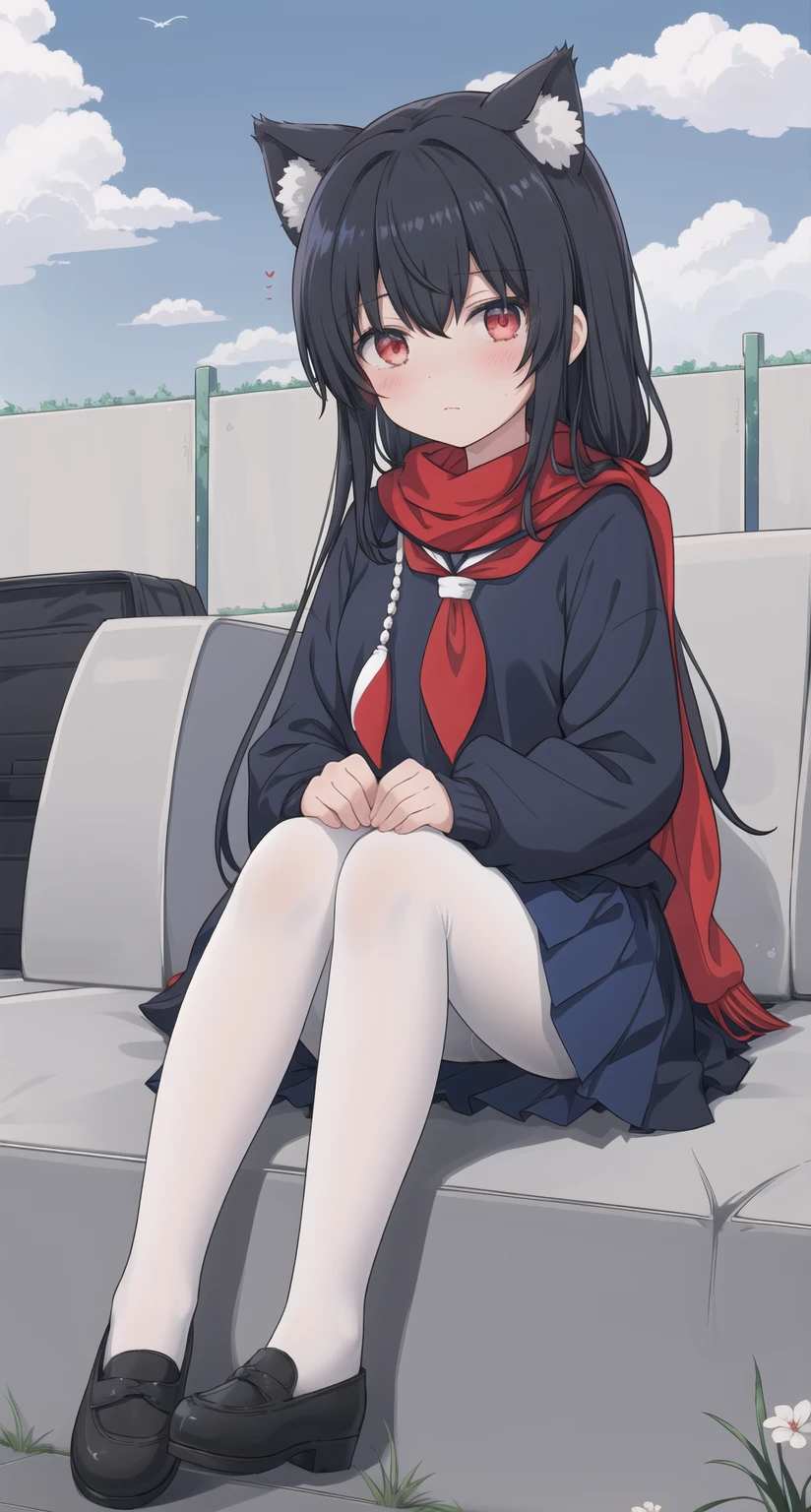 ((masterpiece, best quality)),A girl, Solitary, skirt, sky空, sit, Pantyhose, 六翼sky使, cloud,Black gloves, outdoor, scarf ,sky, Bangs, Fence, shirt, Ahog, roof, Long hair, white Pantyhose, Black Hair, , white Sailor collar, Red Eyes, Sailor collar, blue skirt, red scarf, blue 六翼sky使, Animal ears, blue sky空, Long sleeve, blue shirt, Looking at the audience, Shut up,Cat ears, chain-link Fence, pleated skirt, cloudy sky空, Garbage container