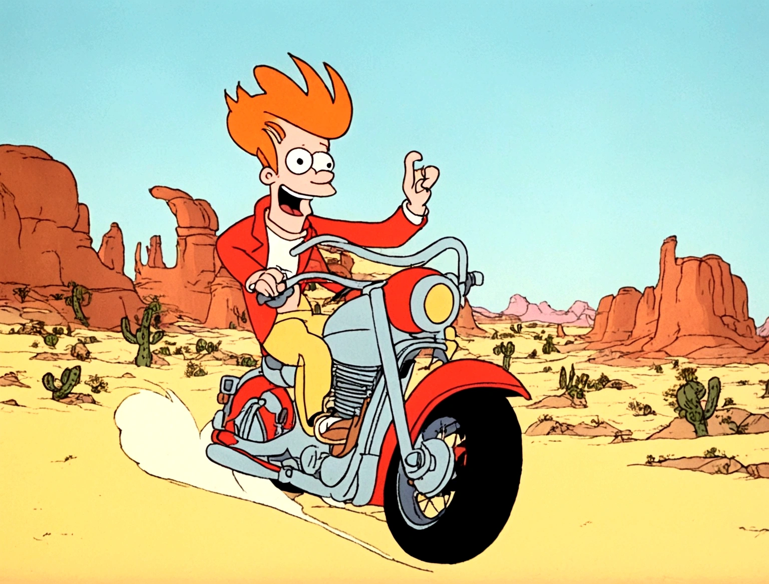 Fry riding Motorcycle on Desert, Happy and Smile, Hanna-Barbera 