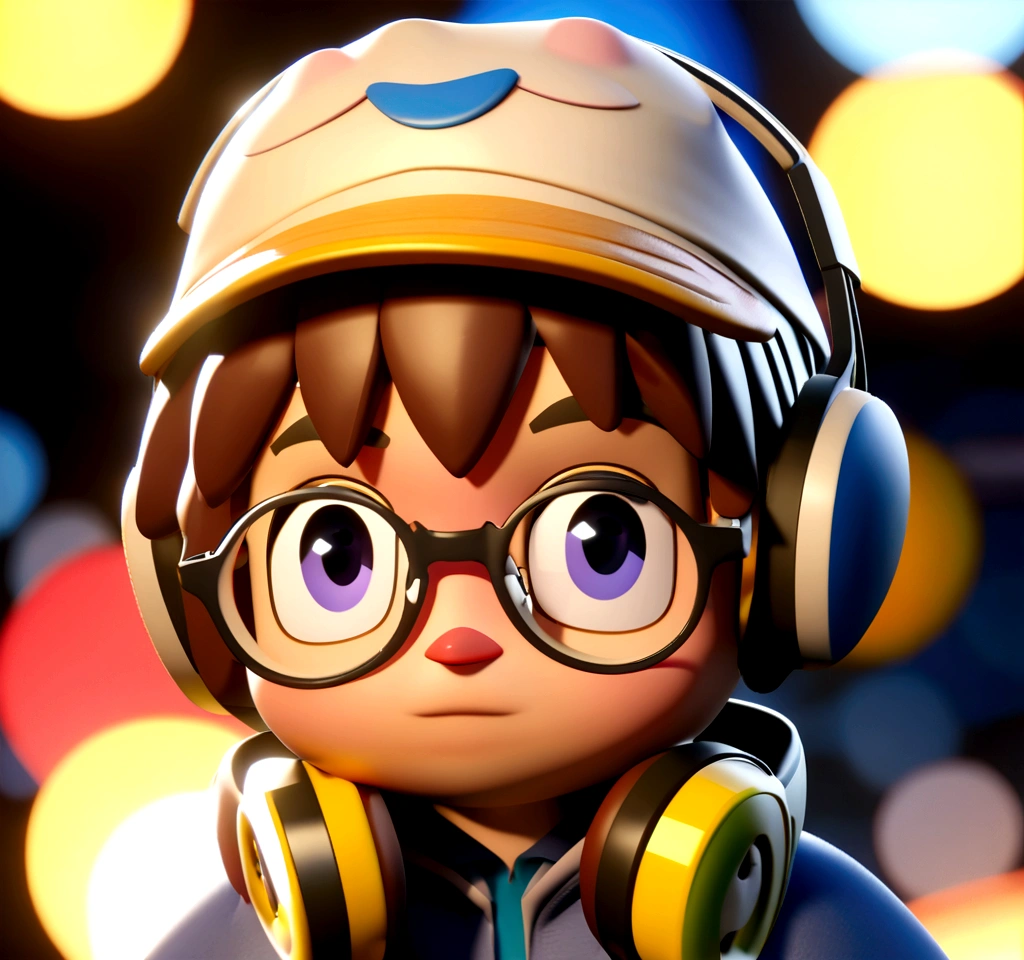 Cartoon character of a brunette boy in a cap, glasses and headphones around the neck, blinking, animation character, stylized character, animation style rendering, 3d stylized, Arnold Maya rendering, Stylized 3D rendering, toon render screenshot, 3d character, 3d character, Stylized 3D rendering, 3D character rendering, cartoon character, Personagem de close up, character posing,  (Pixar-style) (master part:1.2) (bokeh) (best qualityer) (skin detailed) (detailed texture) (8K) (Argilla) (cinematic lighting) (sharp focus