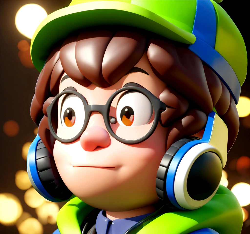 Cartoon character of a brunette boy in a cap, glasses and headphones around the neck, blinking, animation character, stylized character, animation style rendering, 3d stylized, Arnold Maya rendering, Stylized 3D rendering, toon render screenshot, 3d character, 3d character, Stylized 3D rendering, 3D character rendering, cartoon character, Personagem de close up, character posing, (Pixar-style) (master part:1.2) (bokeh) (best qualityer) (skin detailed) (detailed texture) (8K) (Argilla) (cinematic lighting) (sharp focus