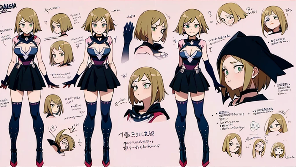 ((My Hero Academia Style)), (((Desumi Magahara))), ((love after world domination)), 1girl, alone, desumi magahara, short hair, blonde hair, green eyes, black gloves, pink suit with details black, cleavage, big breasts, medium waist, wide hips, medium thighs, round butt, cape, decorations boned, elbow-length gloves, thigh-highs, thigh-high boots, black boots, black suspenders, choker with skull detail, pink leotard with black details, black cape, leaning, smile, alone, dutch angle , looking at the viewer, from the front, pov (Full body photography:1.5), perfect anatomy, perfect hands, cowboy shot,((High resolution)), ((concept art of character)), ((Character Design Sheet)), (Same role), (frontage), (Lateral face), (on back), ((three sided view)), ((multiple views)),