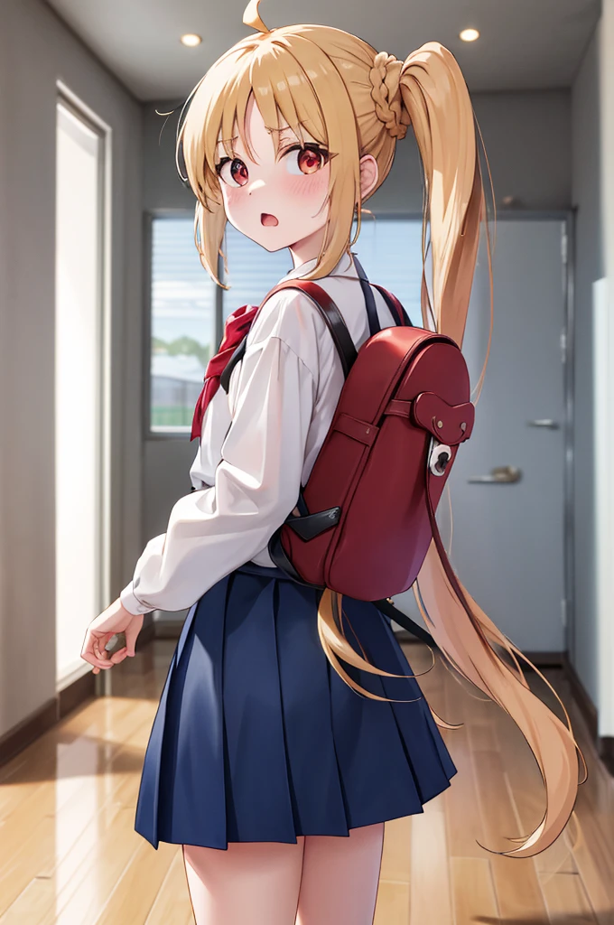 masterpiece, Highest quality, High resolution, 1 in, Side Ponytail, Long Hair, Ahoge, White shirt, Blue Skirt, Long sleeve, Red Bow, White socks, Are standing, Cowboy Shot, indoor, School corridor,Disgust,anger,Open your mouth,wear randoseru backpack,(randoseru backpack:1.0),Butt,Panties in full view,Skirt flip,