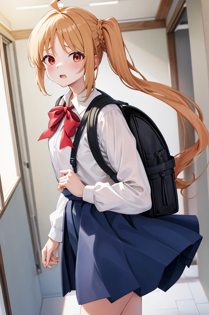 masterpiece, Highest quality, High resolution, 1 in, Side Ponytail, Long Hair, Ahoge, White shirt, Blue Skirt, Long sleeve, Red Bow, White socks, Are standing, Cowboy Shot, indoor, School corridor,Disgust,anger,Open your mouth,wear randoseru backpack,(randoseru backpack:1.0),Butt,Panties in full view,Skirt flip,