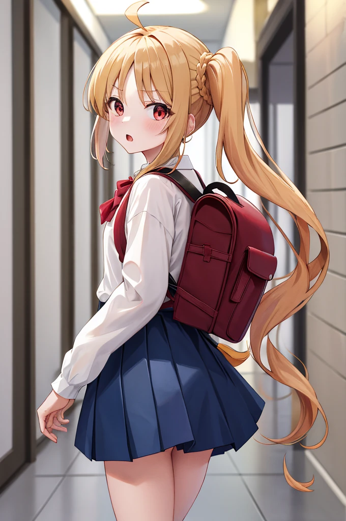 masterpiece, Highest quality, High resolution, 1 in, Side Ponytail, Long Hair, Ahoge, White shirt, Blue Skirt, Long sleeve, Red Bow, White socks, Are standing, Cowboy Shot, indoor, School corridor,Disgust,anger,Open your mouth,wear randoseru backpack,(randoseru backpack:1.0),Butt,Panties in full view,Skirt flip,