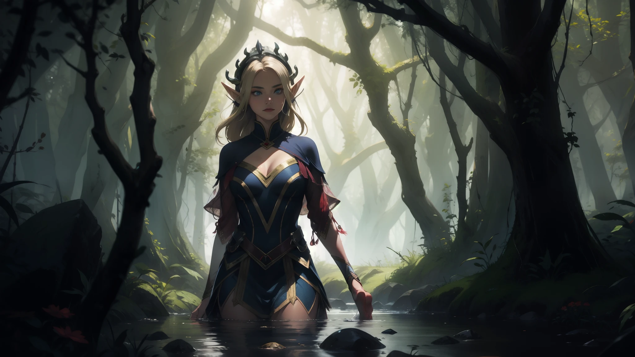 "Elf with a captivating look, unearthly beauty, flowing golden hair, pointed ears, dressed in elaborate elven attire, surrounded by a mystical forest, soft sunlight, breaking through lush greenery."