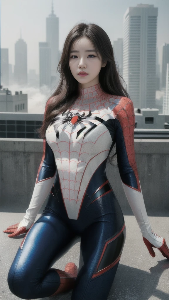 (1 woman:1.3), alone, (((Very detailed face)))), ((very detailed 눈과 얼굴)))), beautiful 디테일의 눈, body parts__, official art, Integrated 8K wallpaper, very detailed, beautiful and beautiful, beautiful, masterpiece, best quality, original, masterpiece, very nice photo, best quality, ultra high resolution, realistic realism, sunlight, full body portrait, amazing beauty, dynamic pose, delicate face, lively eyes, (from the front), she wears a spiderman suit, red and black color scheme, spider, very detailed 도시 지붕 배경, rooftop, city view, detailed face, Detailed complex busy background, crummy, very cool, milk white, very detailed 피부, realistic skin details, visible pores, clear focus, volumetric fog, 8k words, dslr, high quality, film grain, fair skin, photo realism, lomography, Futuristic dystopian megacity, transparent