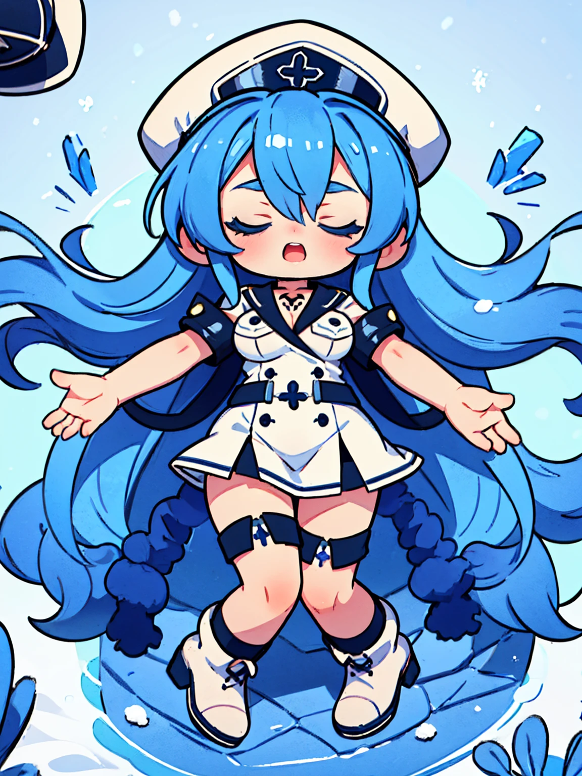 (artwork, best quality) a girl with long blue hair, closed eyes, blue eyelashes, white sailor suit with captain's hat, big breasts, perfect body, pretty eyes, good waist, tattoo, screaming with joy, arms and legs open, lying in the snow