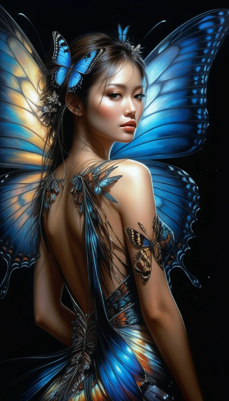 Ultra realistic digital painting of a beautiful American woman with butterfly wings emerging from a dark background, dramatic lighting and vibrant colors, intricate patterns and designs on the dress and wings, highly detailed and realistic in the style of fantasy artists Luis Royo and Yoshitaka Amano