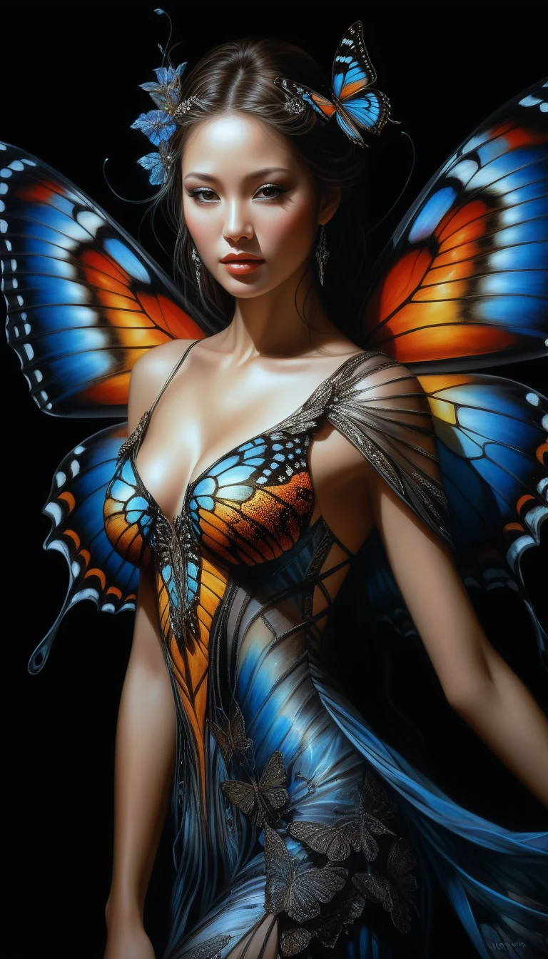 Ultra realistic digital painting of a beautiful American woman with butterfly wings emerging from a dark background, dramatic lighting and vibrant colors, intricate patterns and designs on the dress and wings, highly detailed and realistic in the style of fantasy artists Luis Royo and Yoshitaka Amano