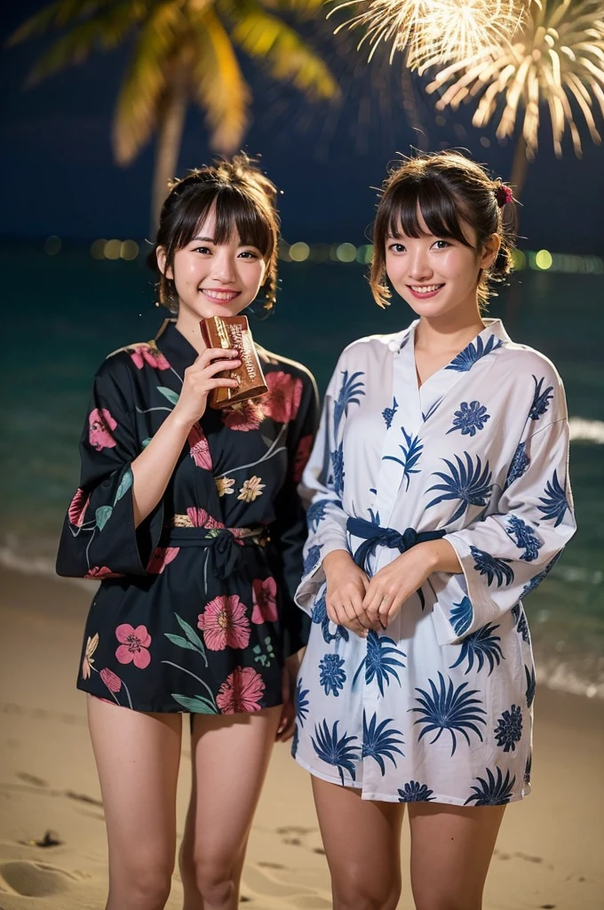 2 girls in beach at night,long-sleeved yukata,fireworks,18-year-old,bangs,a little smile,thighs,knees,short hair with low pigtails bunches,from below,front light