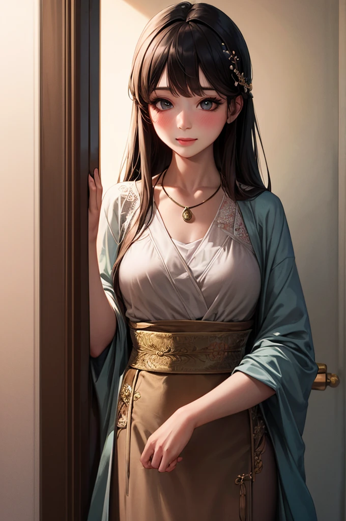 Great quality, masterpiece, High Resolutiupon, One girl, blush, (Captivating smile: 0.8), Star Eyes, chinese hanfu, hair accessory, necklace, jewelry, beauty, upon_body, Tyndall effect, realism, Shadow Room, Light Edge, Two-tupone Lighting, (Skin with attention to detail: 1.2), 8K UHD, SLR, Soft Light, high quality, Volumetric lighting, snapshot, High Resolutiupon, 4K, 8K, Background Blur, Light tulle,