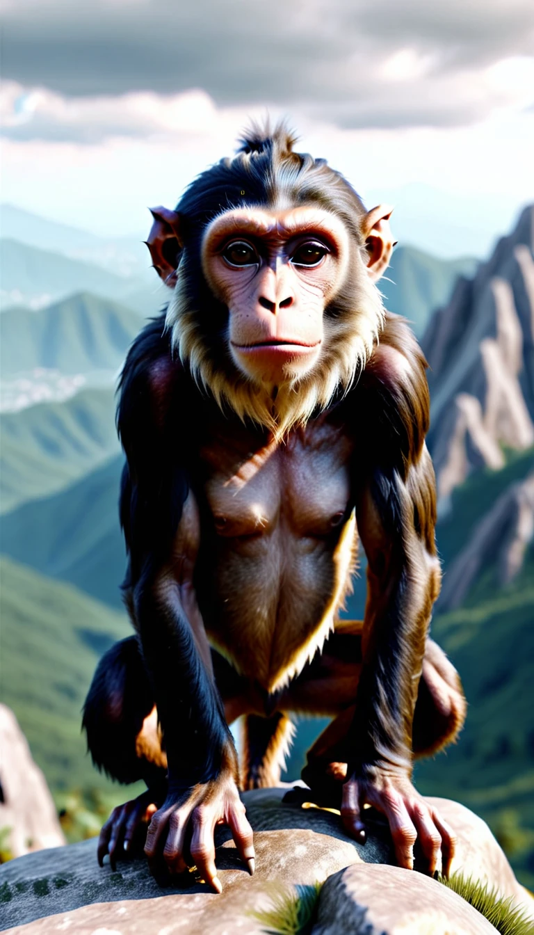 (((Masterpiece))),((top quality)),one beautiful girl,Pale, (An anthropomorphic monkey character: 1.5), (((Beautiful girl with human face:1.5)))、((brown fur:1.5)))、(belly button)、(monkey tail:1.5),(plain clothes), (skin revealing),(The background is forest 1.5).(((from the front:1.5)))、(straight front: 1.5)、(((climb a tree:1.5)))、
