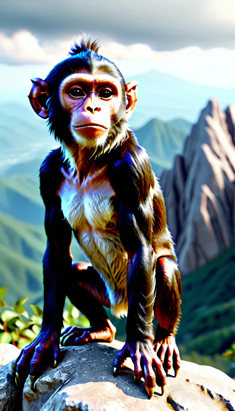 There is a wild beast on the mountain,Looks like a monkey but has four ears(best quality,4K,8K,High level,masterpiece:1.2),Ultra Detailed,(lifelike,Photo real,Photo real:1.37),Highly detailed animals,Complex patterns,Realistic lighting,Fantasy Creatures