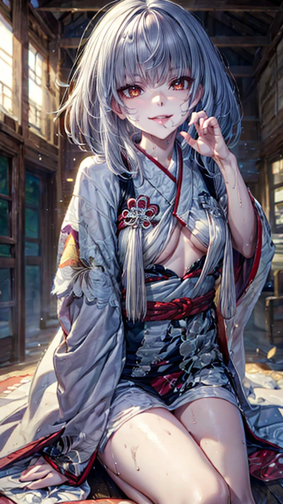 masterpiece, One girl, Shiragiku(FATAL FRAME: Maiden of Black Water), Highest quality, Beautiful attention to detail, Perfect Face, Beautifully detailed face, View your viewers, Disheveled clothing, Super detailed, Yellow Eyes, Long Hair, Gray Hair, Tight micro bikini, Large areola, Grin, Open your mouth wide, Erotic tongue, Tempting, Sweaty, Sexy lips, front, Sit and open your legs, Blowjob gestures, Small breasts,