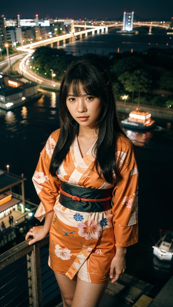 osaka city reference, city street with a river and a bridge at night and cruiser ship at middle of river, japanese city at night, japanese neon signs, japan at night, japanese city, glowing light, Bird eye view: A woman looking at the river、yukata、young woman、Japanese、cute、