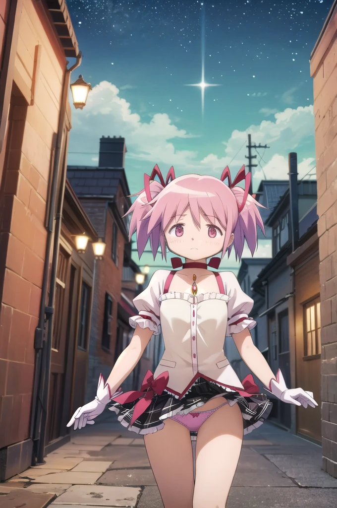One Girl, alone, masterpiece, Highest quality,
gloves, mahou shoujo madoka magica, Madoka Kaname, Madoka Kaname, Pink Eyes, Pink Hair, short hair, Twin tails, short Twin tails, Hair Ribbon, Red ribbon, Magical girl, choker, ribbon choker, soul gem, clavicle, Short sleeve, Puffy sleeves, puffy Short sleeve, Center frill, white gloves, Open back clothing, Scapula, Medium Chest, Bubble Skirt, Bow skirt,
Cowboy Shot, ((Skirt flip)),((Panties in full view:1.5)),
blush, Distorted facial expressions,
Outdoor,night,alley