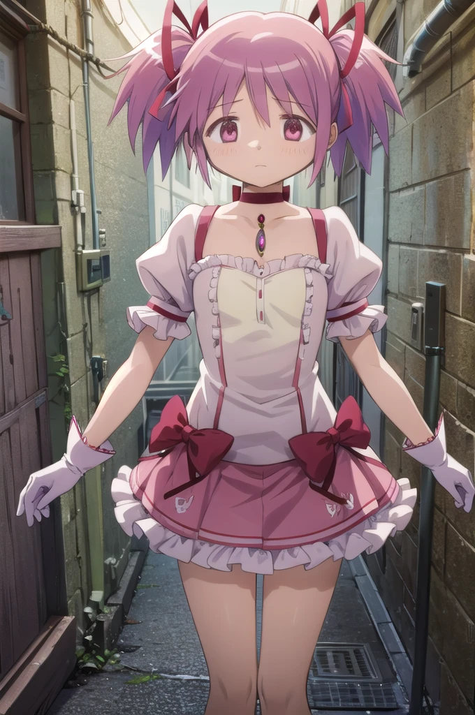 One Girl, alone, masterpiece, Highest quality,
        gloves, mahou shoujo madoka magica, Madoka Kaname, Madoka Kaname, Pink Eyes, Pink Hair, short hair, Twin tails, short Twin tails, Hair Ribbon, Red ribbon, Magical girl, choker, ribbon choker, soul gem, clavicle, Short sleeve, Puffy sleeves, puffy Short sleeve, Center frill, white gloves, Open back clothing, Scapula, Medium Chest, Bubble Skirt, Bow skirt,
          Cowboy Shot, ((Skirt flip)),((Panties in full view:1.5)),
          blush, Distorted facial expressions,
          Outdoor,night,alley