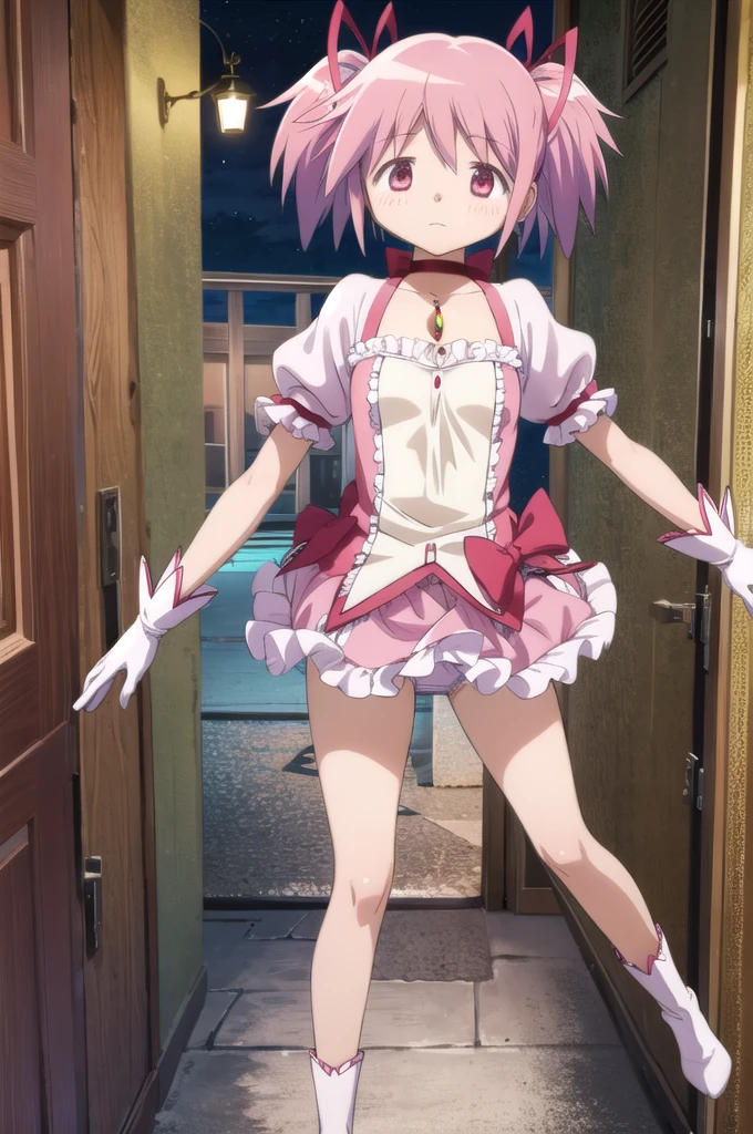 One Girl, alone, masterpiece, Highest quality,
        gloves, mahou shoujo madoka magica, Madoka Kaname, Madoka Kaname, Pink Eyes, Pink Hair, short hair, Twin tails, short Twin tails, Hair Ribbon, Red ribbon, Magical girl, choker, ribbon choker, soul gem, clavicle, Short sleeve, Puffy sleeves, puffy Short sleeve, Center frill, white gloves, Open back clothing, Scapula, Medium Chest, Bubble Skirt, Bow skirt,
          Cowboy Shot, ((Skirt flip)),((Panties in full view:1.5)),
          blush, Distorted facial expressions,
          Outdoor,night,alley