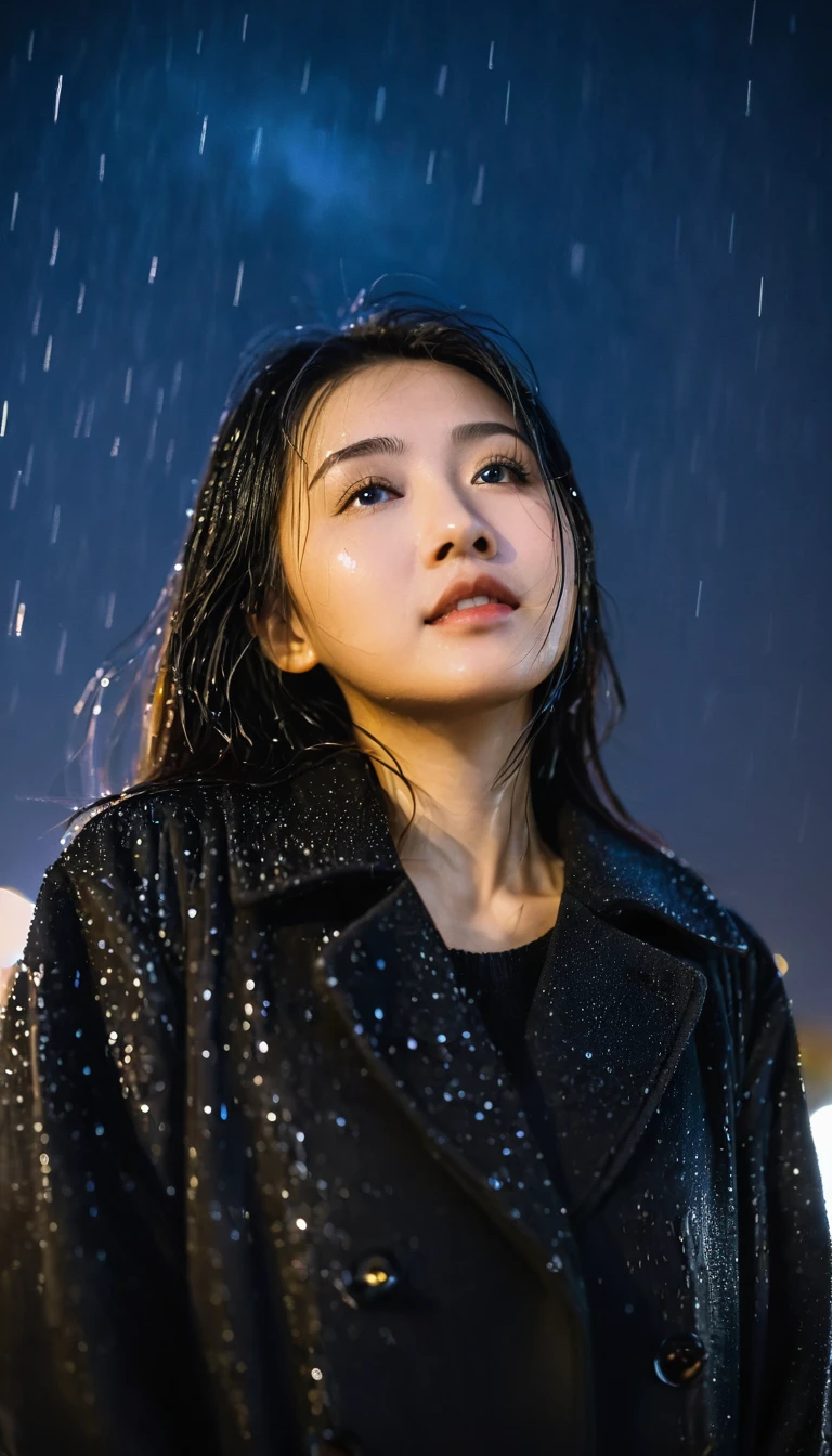 A low angle shot photo of an asian young woman looking at the camera, black coat, night, pouring heavy rain, long raindrops, long exposures, night sky background