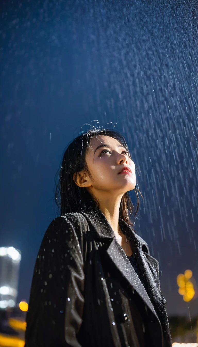 A low angle shot photo of an asian young woman looking at the camera, black coat, night, pouring heavy rain, long raindrops, long exposures, night sky background