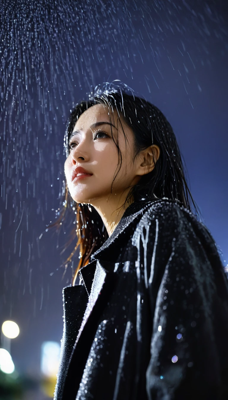 A low angle shot photo of an asian young woman looking at the camera, black coat, night, pouring heavy rain, long raindrops, long exposures, night sky background