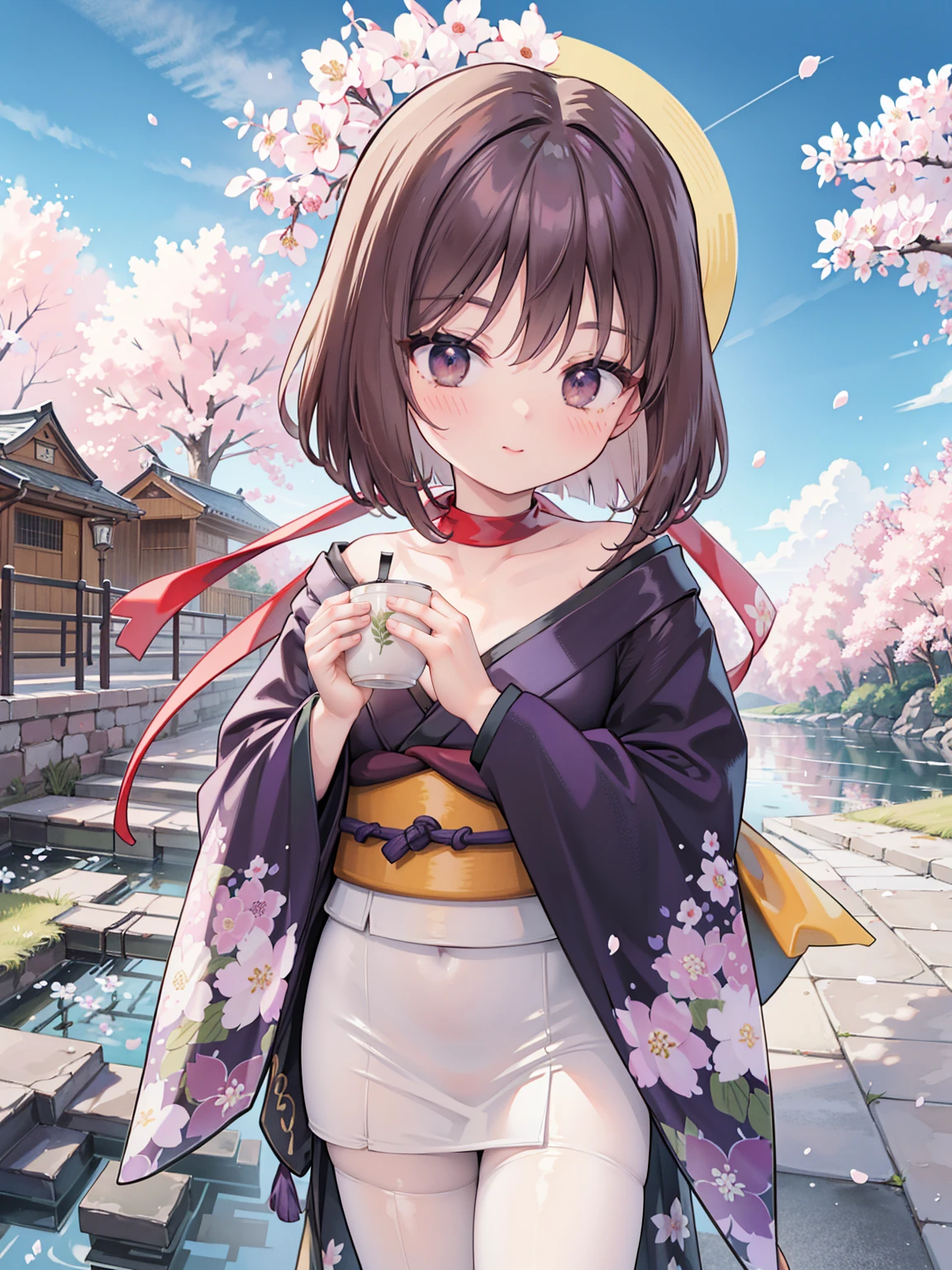 Extremely detailed CG unified 8k wallpaper, Very beautiful 8KCG wallpaper, ， ，best quality ，Ultra Detailed ，Pretty Face  ，masterpiece、Top quality ，best quality ，Ultra Detailed ，Pretty Face、masterpiece、Top quality、scarf、Kanzaki Sumi、cup、violet flower、Cherry Blossoms、Taisho cityscape