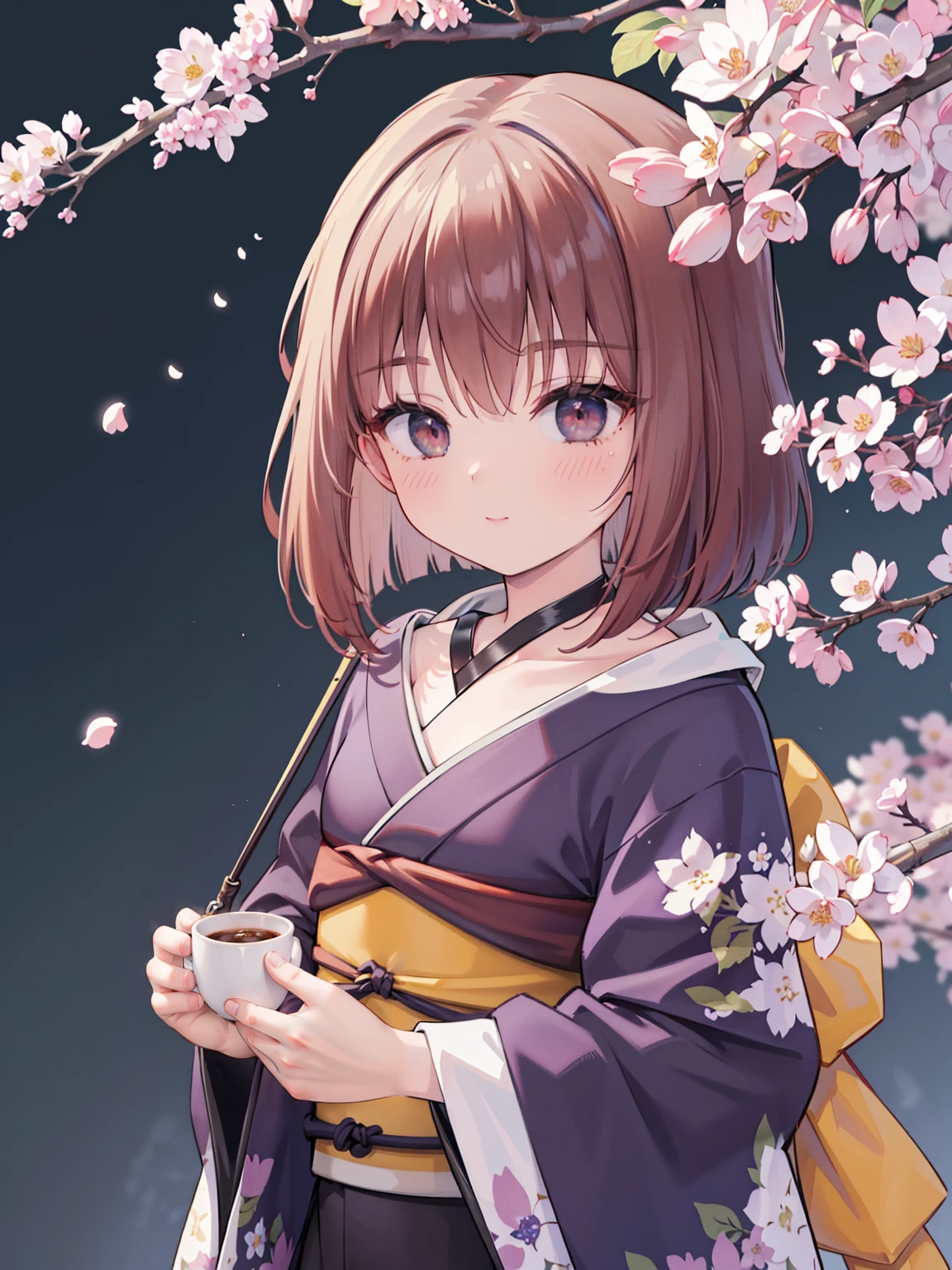 Extremely detailed CG unified 8k wallpaper, Very beautiful 8KCG wallpaper, ， ，best quality ，Ultra Detailed ，Pretty Face  ，masterpiece、Top quality ，best quality ，Ultra Detailed ，Pretty Face、masterpiece、Top quality、scarf、Kanzaki Sumi、cup、violet flower、Cherry Blossoms、Taisho cityscape