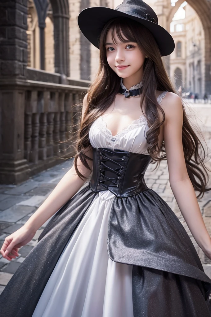 sexy stylish Spanish model, only 1 female, ((doll-like appearance)), ((ultra detailed Victorian-Style boots)), beautiful smile, ultra detailed eyes, vivid eye makeup, lipgloss, long lashes, defined eyebrows, ((sexy Paradise Kiss cosplay)), bell-shaped skirt, petticoats, high neckline, puffed sleeves, (( ultra detailed lace)), ((ultra detailed embroidery)), intricate details, Paradise Kiss accessoires and matching headpiece, choker, ((large sparkling Paradise Kiss jewelry)), cinematic light, detailed large park background with trees