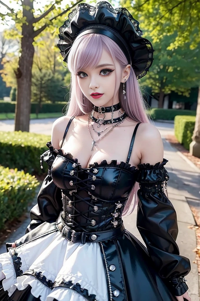 (nsfw), sexy stylish Swedish model, only 1 female, ((doll-like appearance)), short purple stylish hair, ((shiny Punk-Style boots)), (big smile), ultra detailed eyes, Punk makeup, lipgloss, ((sexy Punk Lolita cosplay)), unconventional skirt, petticoats, high neckline, ((ultra detailed lace)), ((ultra detailed embroidery)), intricate details, tartan patterns, (silver chains), (silver spikes), (safety pins), Punk Lolita accessoires, Punk Lolita choker, ((large sparkling Punk Lolita jewelry)), cinematic light, detailed large park background with trees