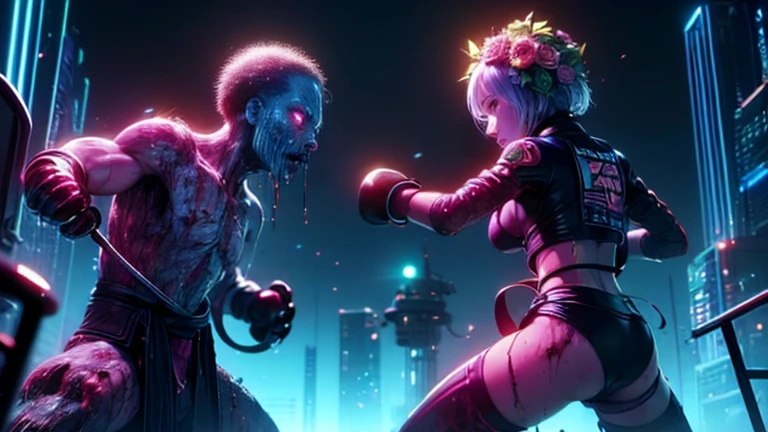 top quality, future world, State-of-the-art robot,  (((two fighters in fighting stance, one is girl in flower head, the other one is zombie)))