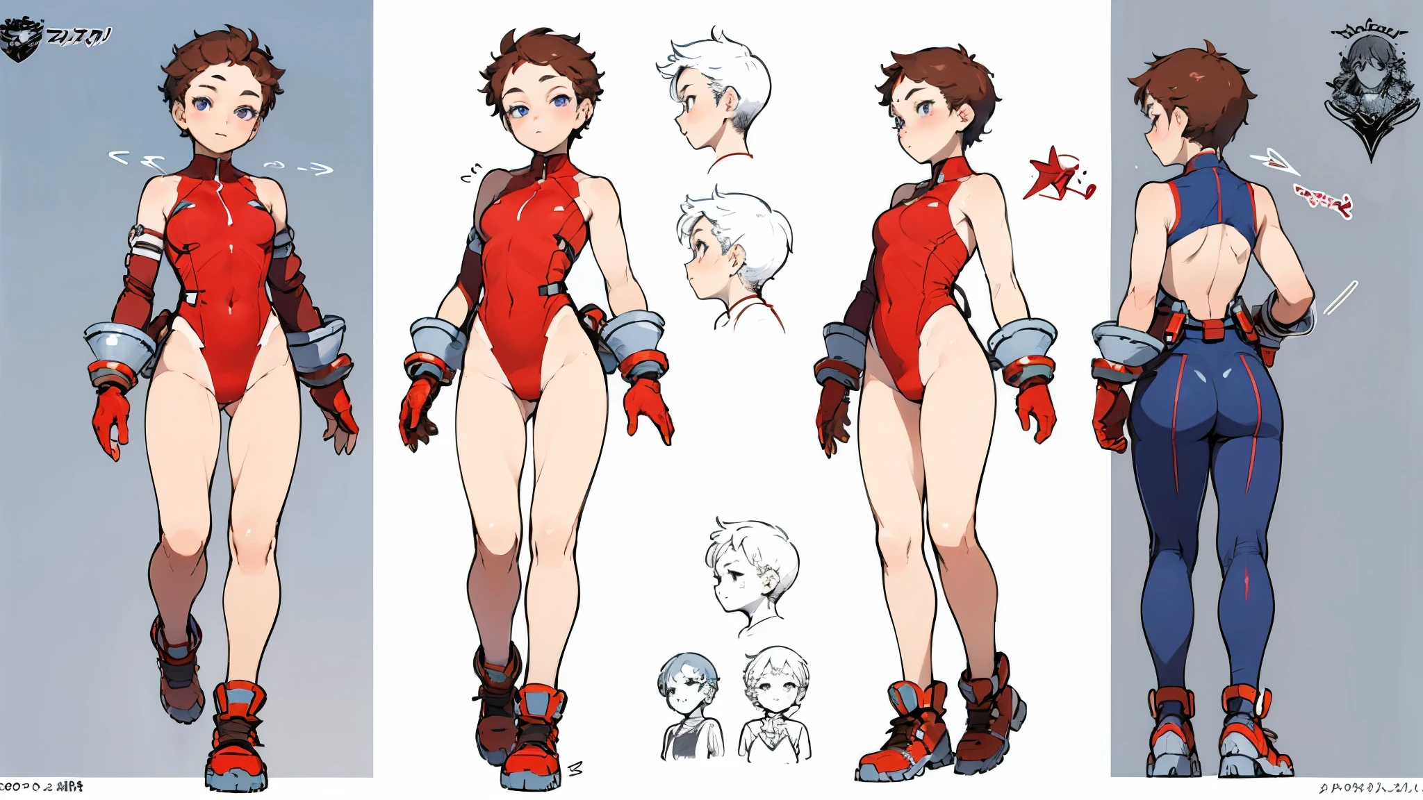 ((masterpiece)). ((best quality)), ((highres)), 1girl, solo, short hair, brown hair, purple eyes, (full body), standing, hands on hip, (sleeveless white and red leotard with yellow accents and star emblem embedded in chest area), (matching white gloves), ((bare legs)), superhero, tokyo city backdrop, matching boots, medium breasts, 20 age, ((full body photography:1.5)), ((Perfect Anatomy)), ((Perfect Hands)), ((super detailed)), ((perfect face)), ((High resolution)), ((concept art of character)), ((Character Design Sheet)), (Same role), (frontage), (Lateral face), (on back), ((three sided view)), ((multiple views)),
