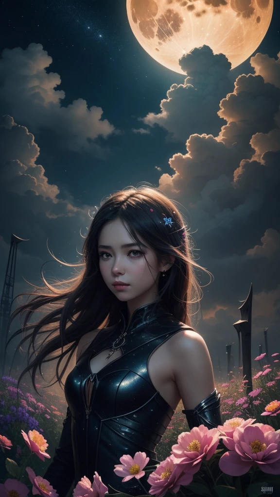 "((Fantasy art)) featuring an alien girl, immersed in a heavenly symphony, clouds turn into bright splashes, flowers are scattered, like notes in the wind, visual orchestration of color and wonder" night , full moon