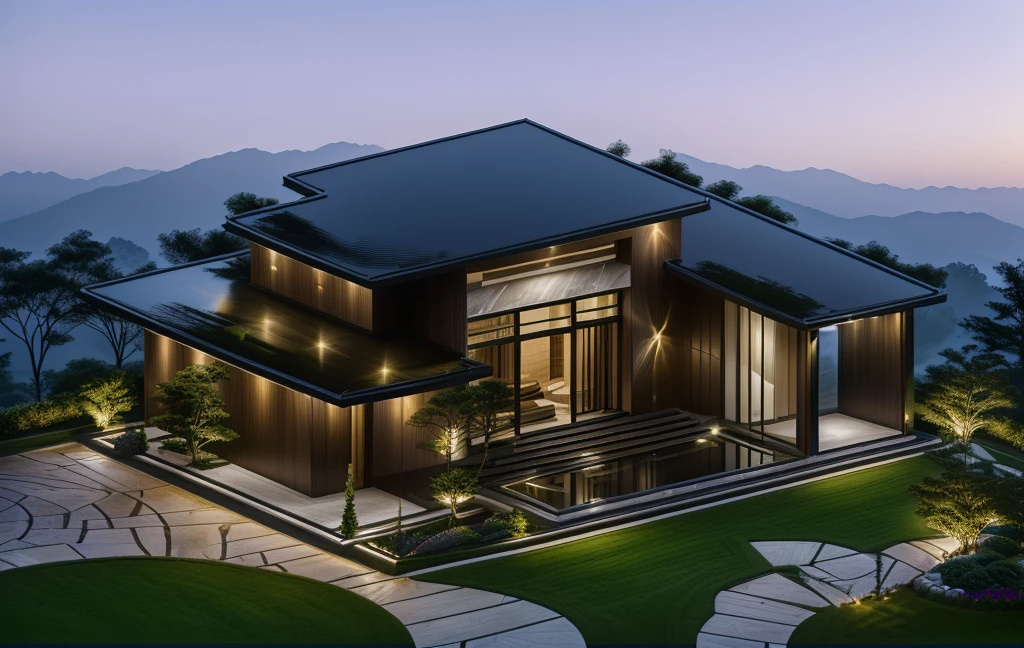 3D render of a beautiful house, Dark, gray tones, white wall. lumion render, night time render, insanely detailed rendering, realistic architecture, architectural visualization. The staircase leading into the house is tiled with black marble and has bright LED lights. Behind are hills and mountains with clear blue sky. The house with a large porch to sit and drink tea and LED lights, there is a large patio with a POOL, pine trees, grass, garden stones, roses, modernism, vivid and detailed, zen garden, lush garden surroundings, residential design, lush landscaping, dense with greenery, pristine and clean design, clean and pristine design. FLOWER GARDEN OF THE HOUSE WITH GREEN TREES AND LIGHTS. The main door is made of black aluminum and glass reaching up to the ceiling. Looking through the glass windows to look inside the house with luxurious interiors with luxurious and warm lights, interior lighting rendering and lighting effects. marble and wood and glass, dark and modern, luxcore render, taken with professional photography techniques, using a wide angle lens with bright natural light and high resolution details, in the style of professional photograph, hyper realistic, highly detailed.
